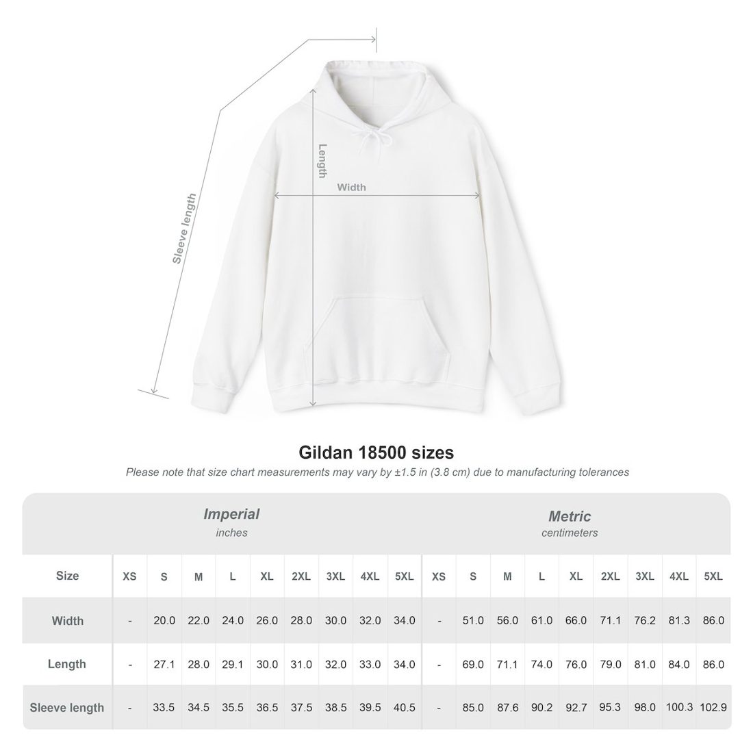 Size chart: width, length and sleeve length for sizes S to 5XL